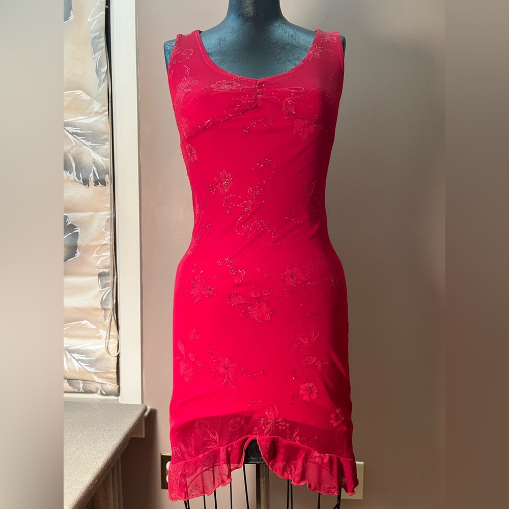 Y2K Red Glitter Floral Ruffle Dress Size Small Made in USA